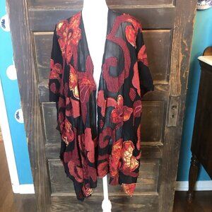 Chicos Kimono Open Front Sheer Embroidered Large Flowers Red & Black Large